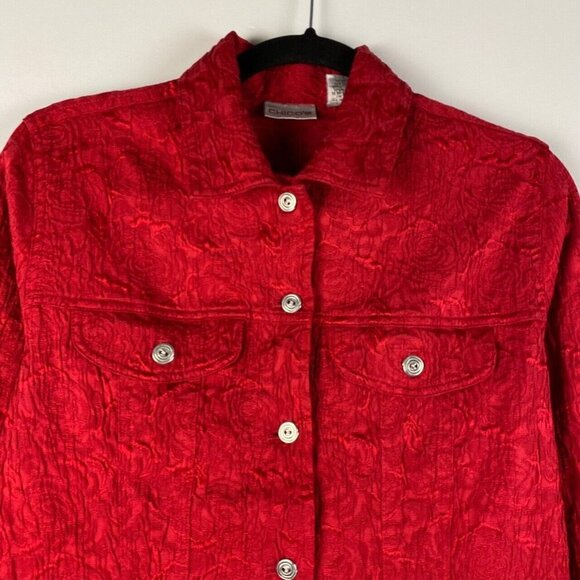 Chicos Jacket Womens 0 US Small Textured Red Rose Swirl Buttons Fitted - Picture 2 of 8
